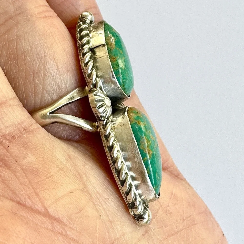 Navajo Turquoise‎ Ring Two Stone Size 8.5 Signed Shakey Long Sterling